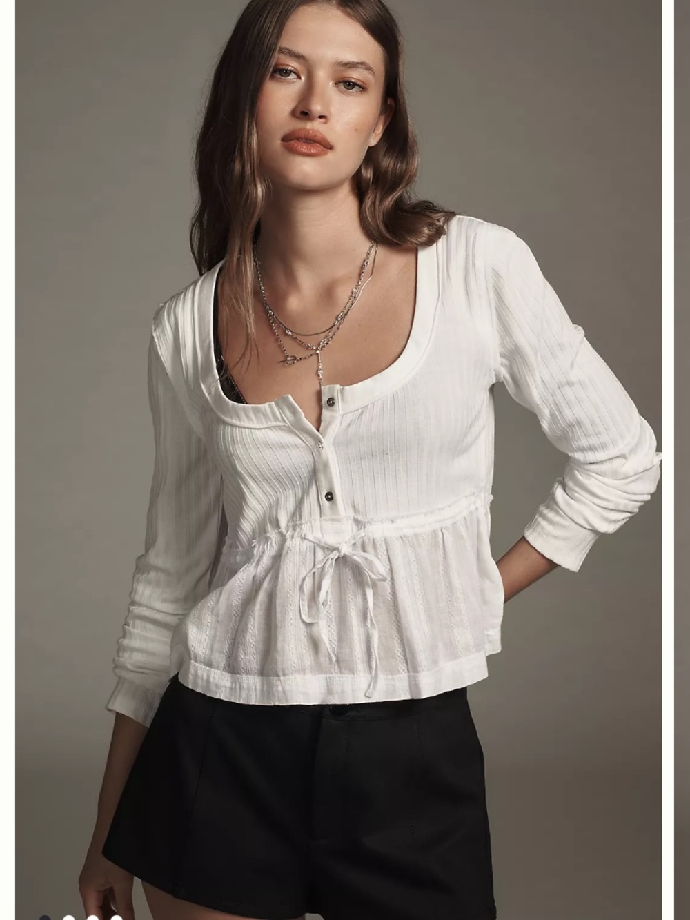 Pilcro Long-Sleeve Scoop-Neck Babydoll‎ Top White Boho Peasant S Preppy Academia